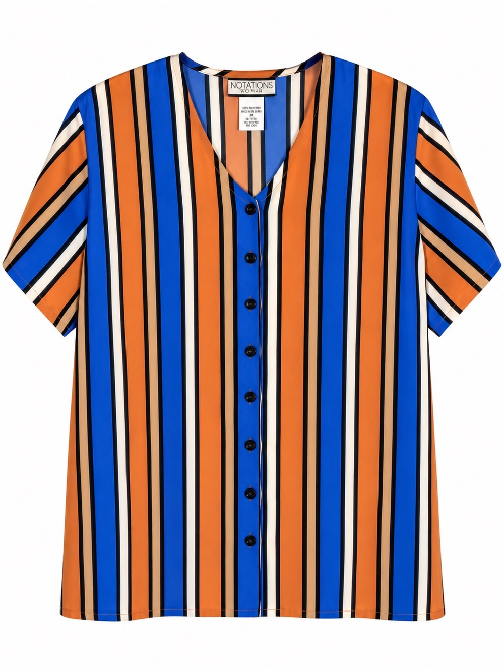 Vintage 90s Notations Woman Plus Size 2X Striped Button Front Shoulder Pad Top